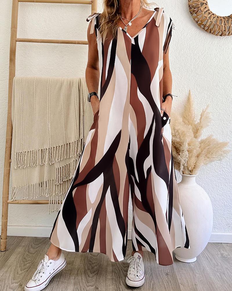 

All Over Print Tied Detail Sleeveless Jumpsuit, Dark brown