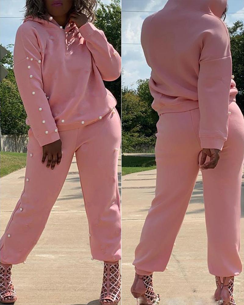 

Beaded Long Sleeve Hooded Sweatshirt & Pocket Design Pants Set, Pink
