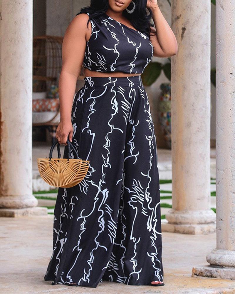

Plus Size Abstract Print One Shoulder Crop Top & Wide Leg Pants Set, Black
