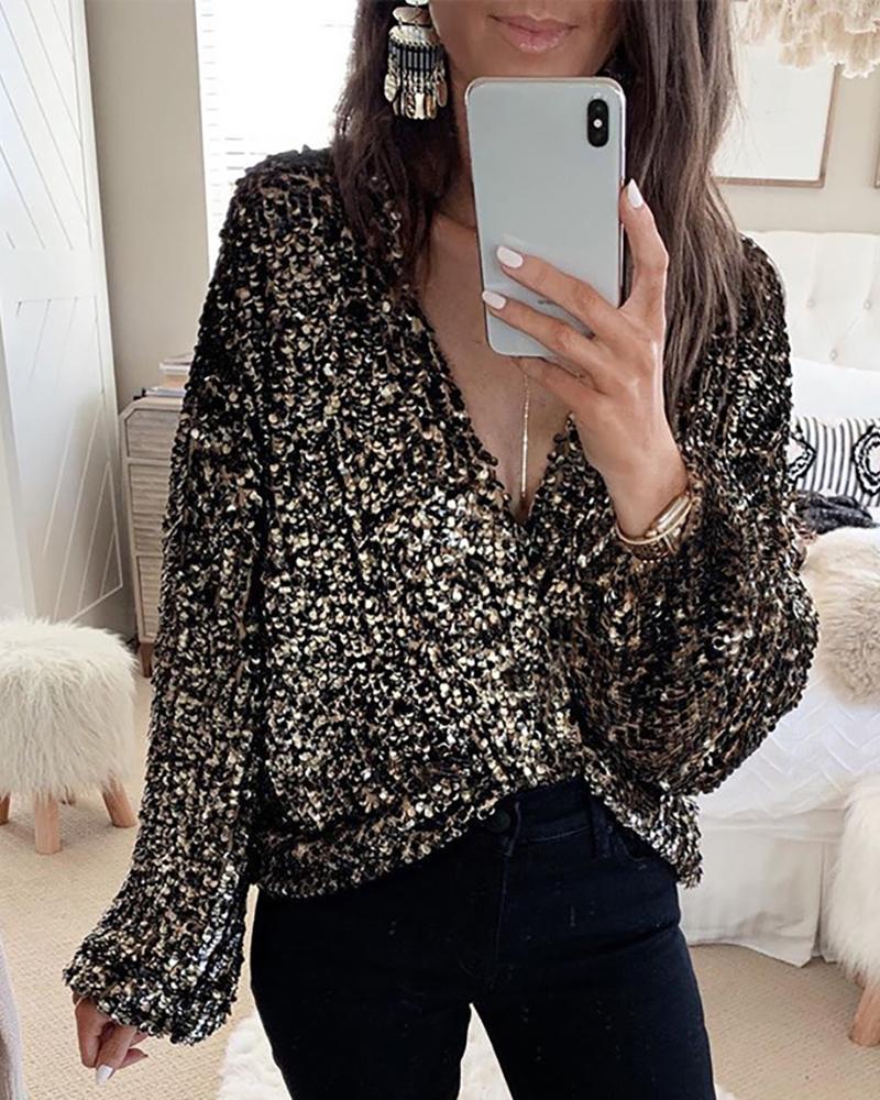 

Glitter Plunge Long Sleeve Sequins Blouse, Black