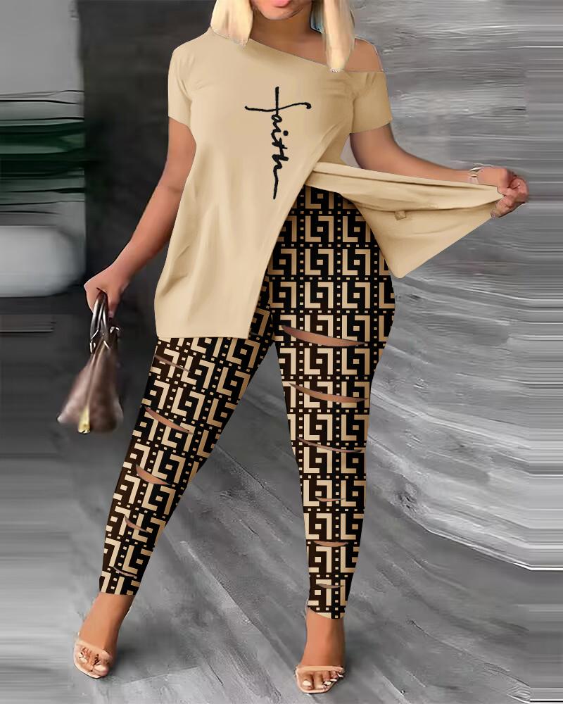 

Plus Size Faith Geometric Print Split Hem Top & Pants Set, Khaki