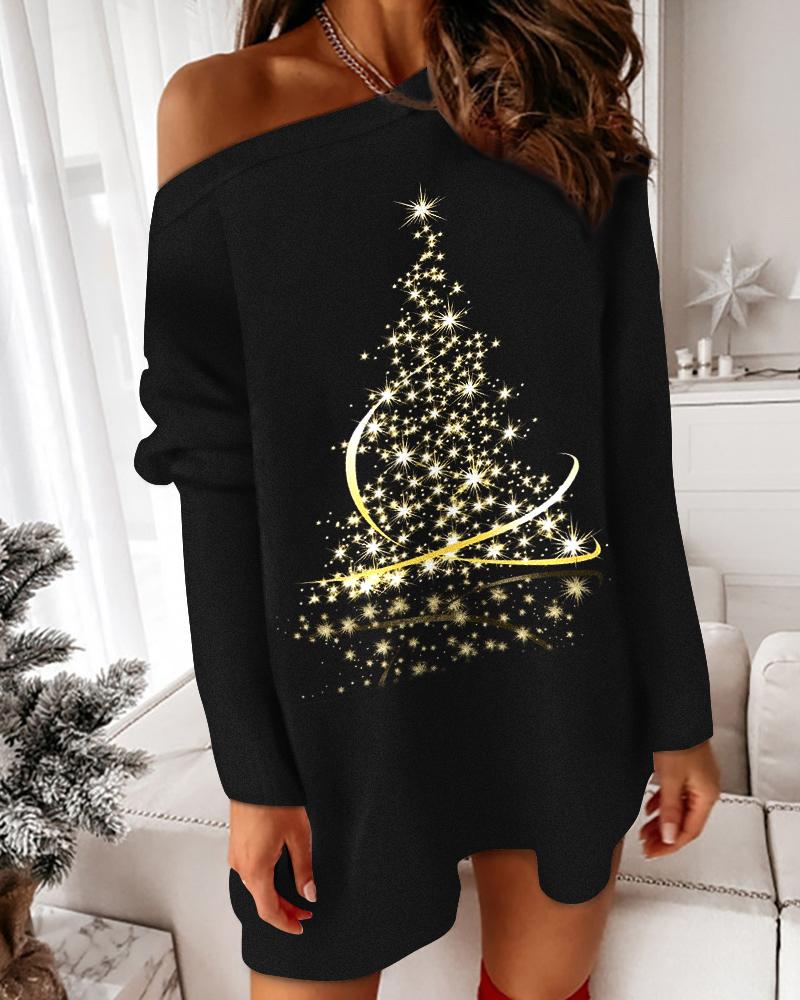 

Christmas Tree Print Long Sleeve Casual Dress, Black