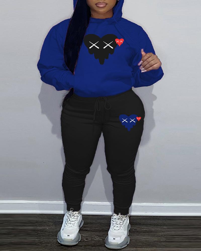 

Plus Size Valentine's Day Heart Print Hoodie & Pants Set, Blue