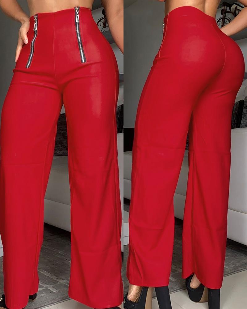 

Zipper Design High Waist Wide Leg Pants, Red