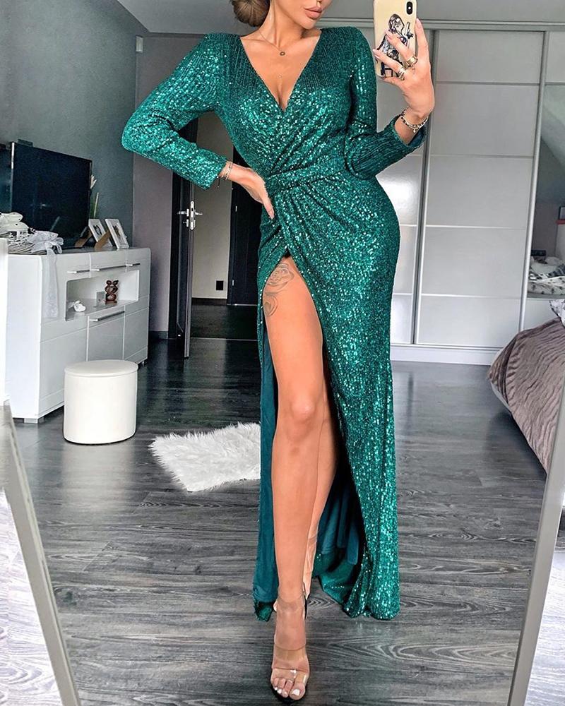 

Wrap Ruched Irregular Sequin Party Dresses, Green