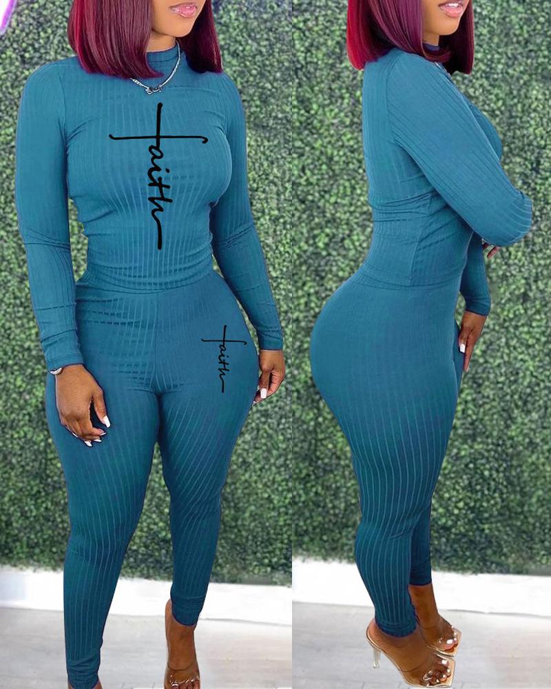 

Letter Print Ribbed Long Sleeve Top & Pants Set, Blue
