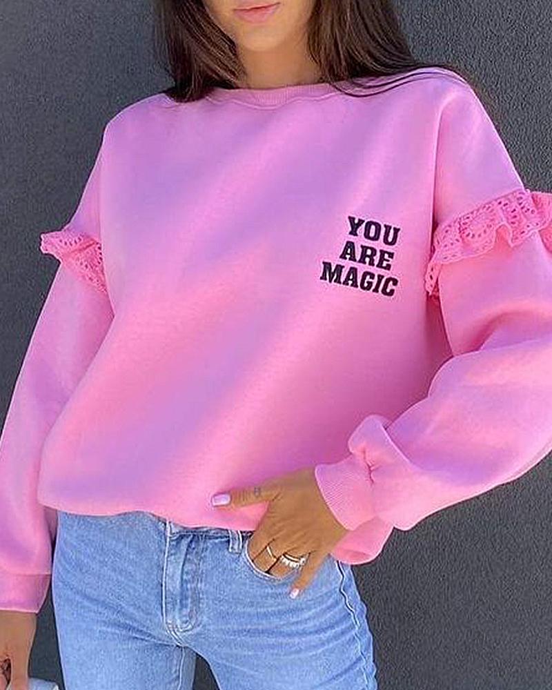 

Letter Print Contrast Lace Drop Shoulder Top, Pink