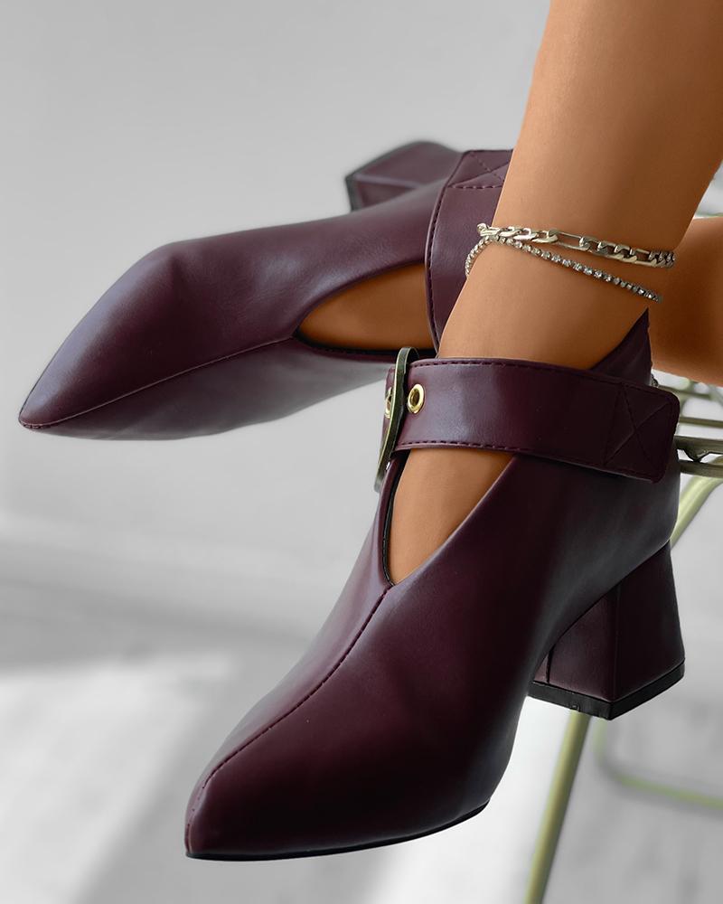 

Pointed Toe Eyelet Buckled Chunky Boots, Wine red