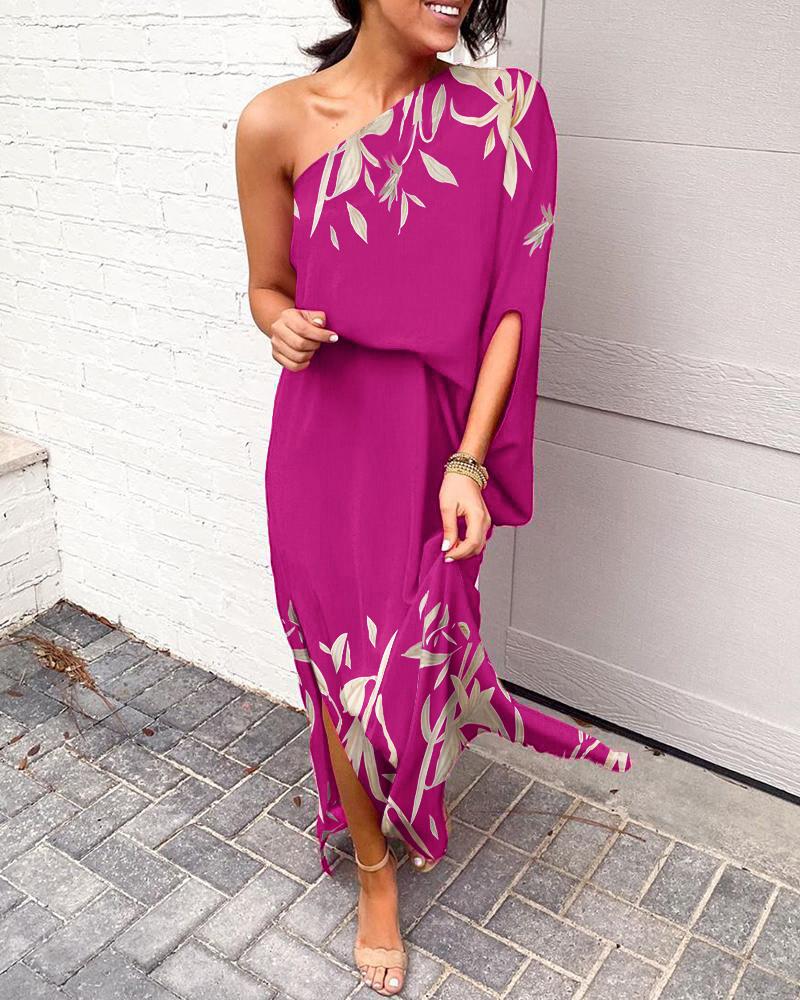 

Plants Print One Shoulder Split Hem Maxi Dress, Hot pink