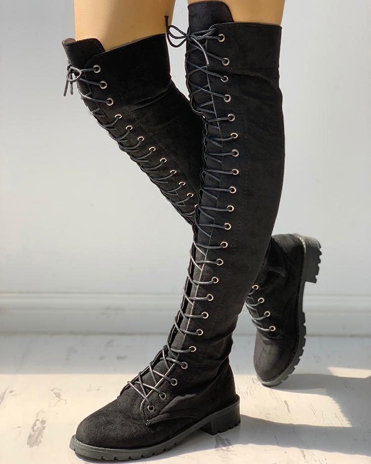 

Knee-High Eyelet Lace Up Side Zipper Boots, Black