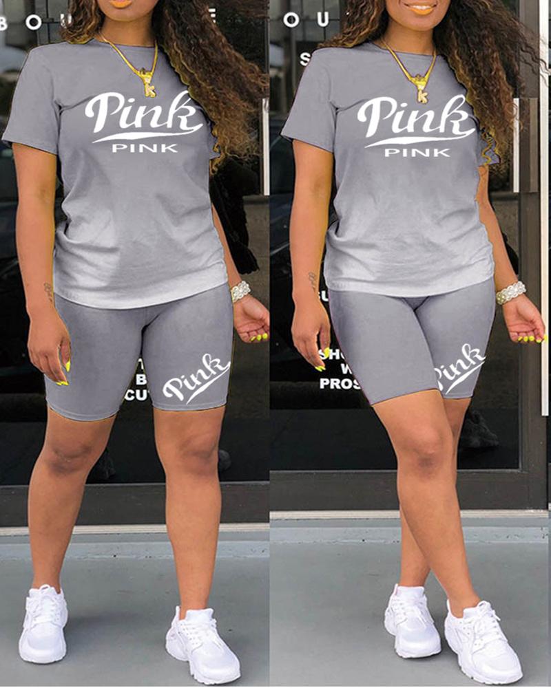

Letter Print Short Sleeve Top & Shorts Set, Gray