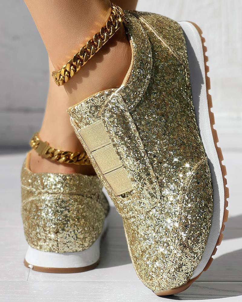 

Sequin Decor Glitter Round Toe Sneakers, Gold