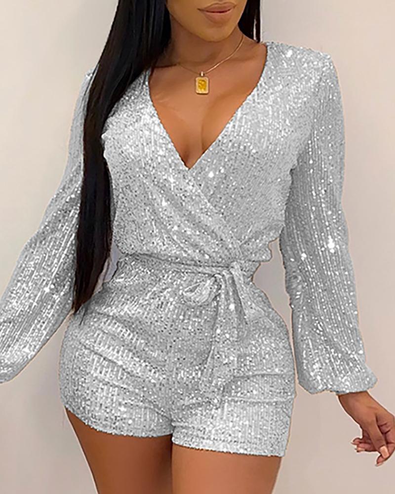 

Glitter V-Neck Lantern Sleeve Sequins Romper, Silver
