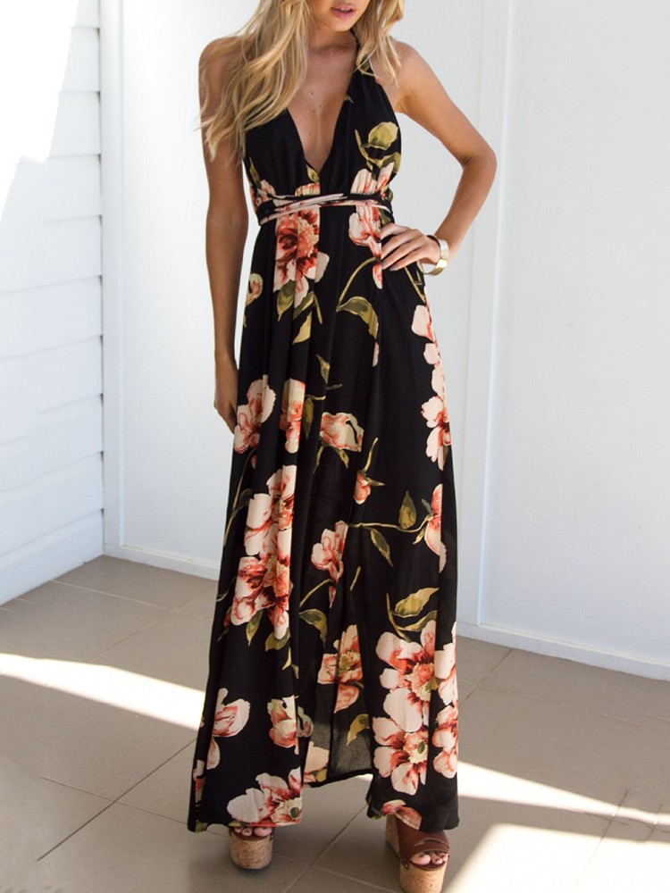 Sexy Floral Print V Neck Backless Maxi Slip Dress