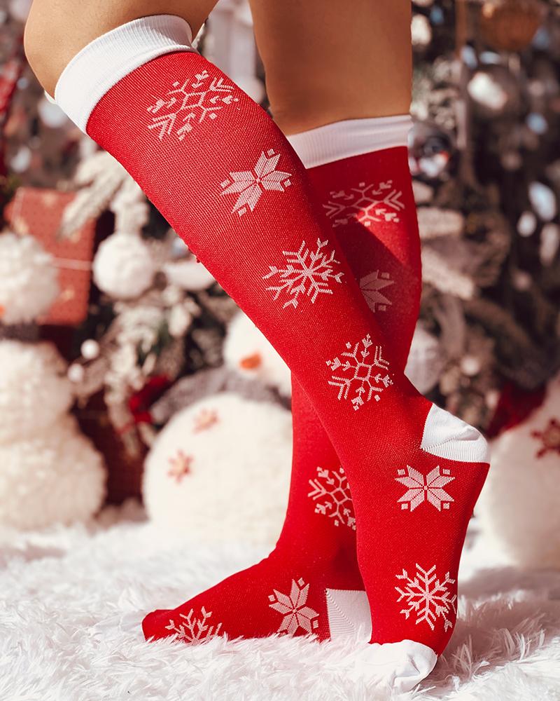 

Christmas Snowflake Print Long Socks, Red