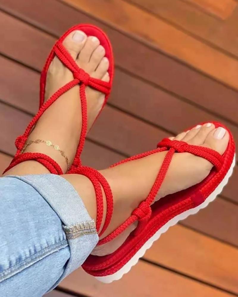 

Braided Strappy Casual Flatform Sandals, Red