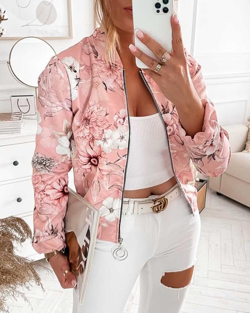 

Floral Print Zip Up Bomber Jacket, Pink