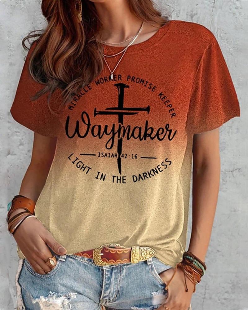 

Ombre Cross Waymakes Light In The Darkness Print Casual T-Shirt, Orange