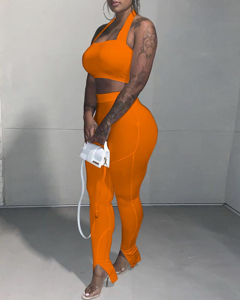 

Halter Backless Crop Top & High Waist Slit Pants Set, Orange