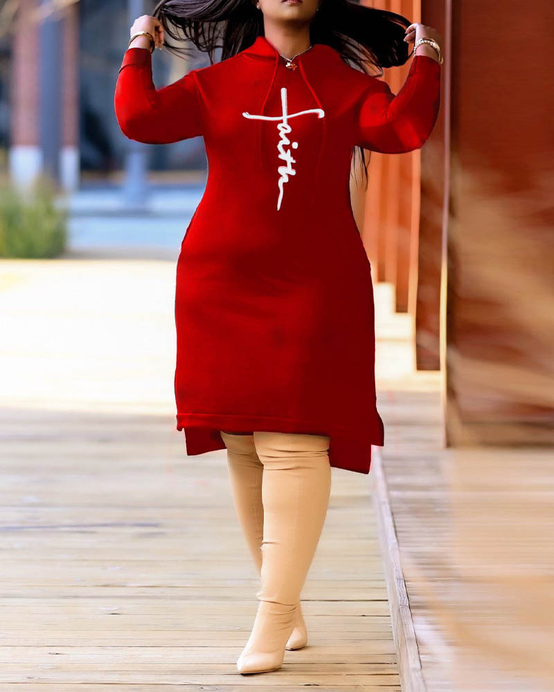 

Plus Size Letter Print Split Hem Hooded Sweatshirt Dress, Red