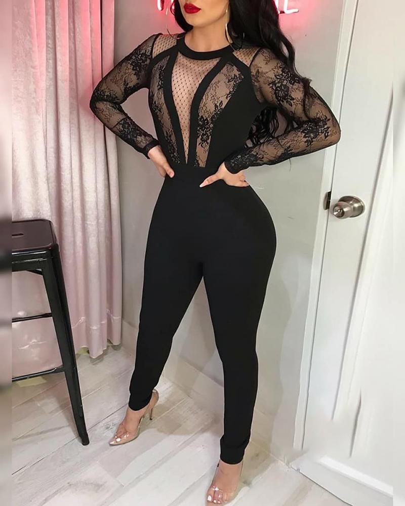 

Long Sleeve Crochet Lace Dot Mesh Skinny Jumpsuit, Black