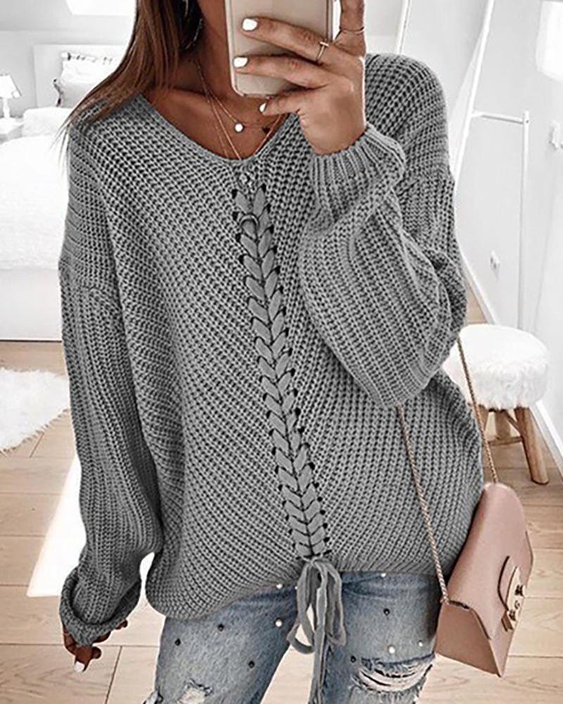 

Eyelet Lace-up Knitt Casual Sweater, Gray