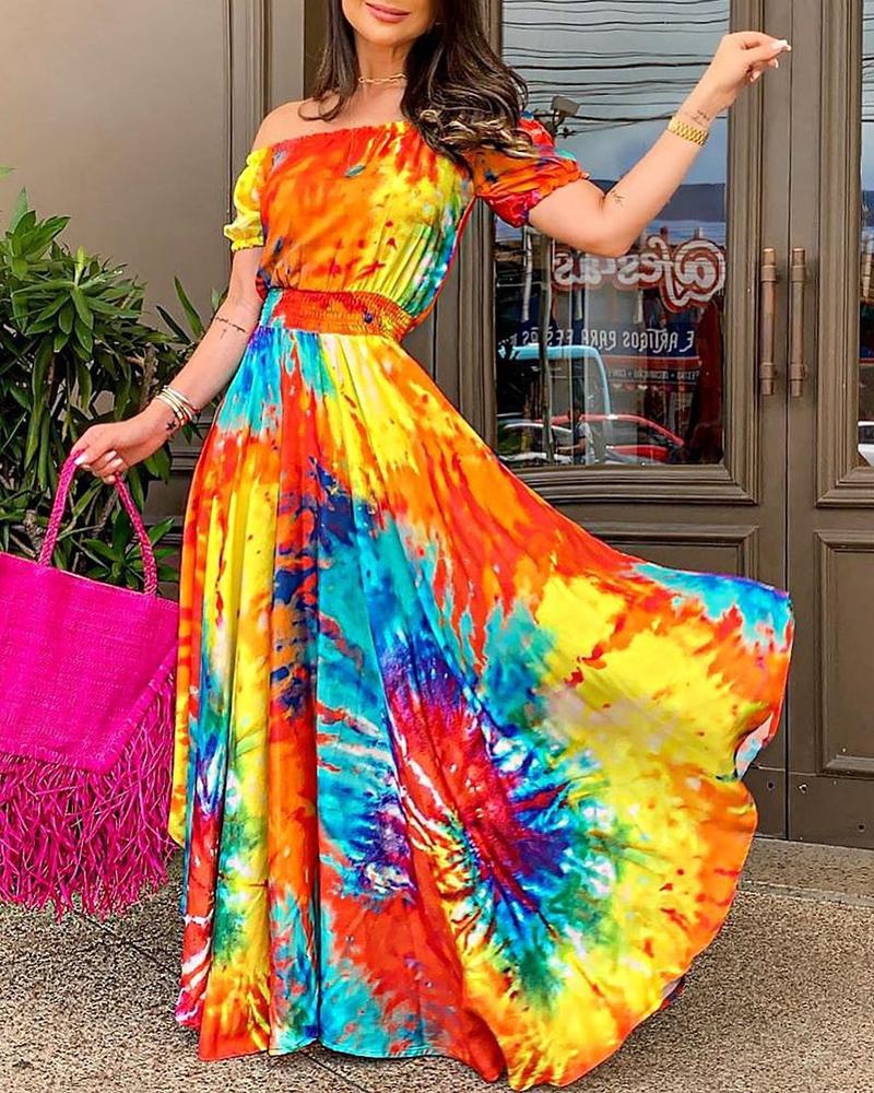 

Off Shoulder Tie Dye Print Shirred Maxi Dress, Multicolor