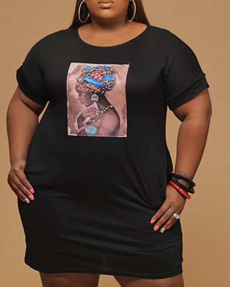 

Plus Size Figure Print Short Sleeve Casual Dress, Black
