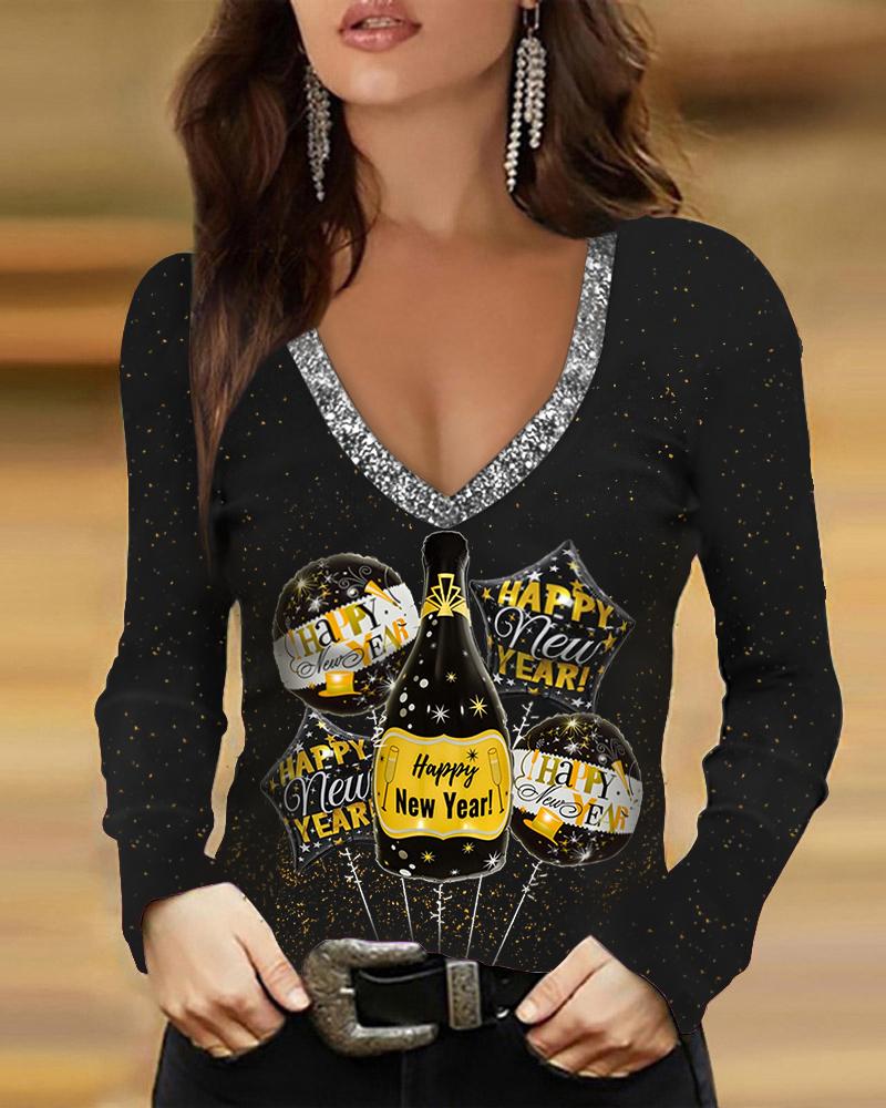

Happy New Year Print V-Neck Long Sleeve Top, Black
