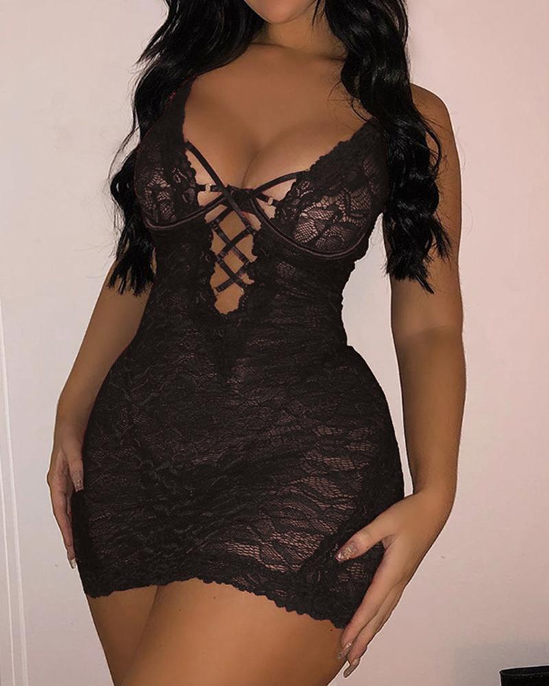 

Solid Lace Strappy Skinny Deep V Mini Bodycon Dress, Black