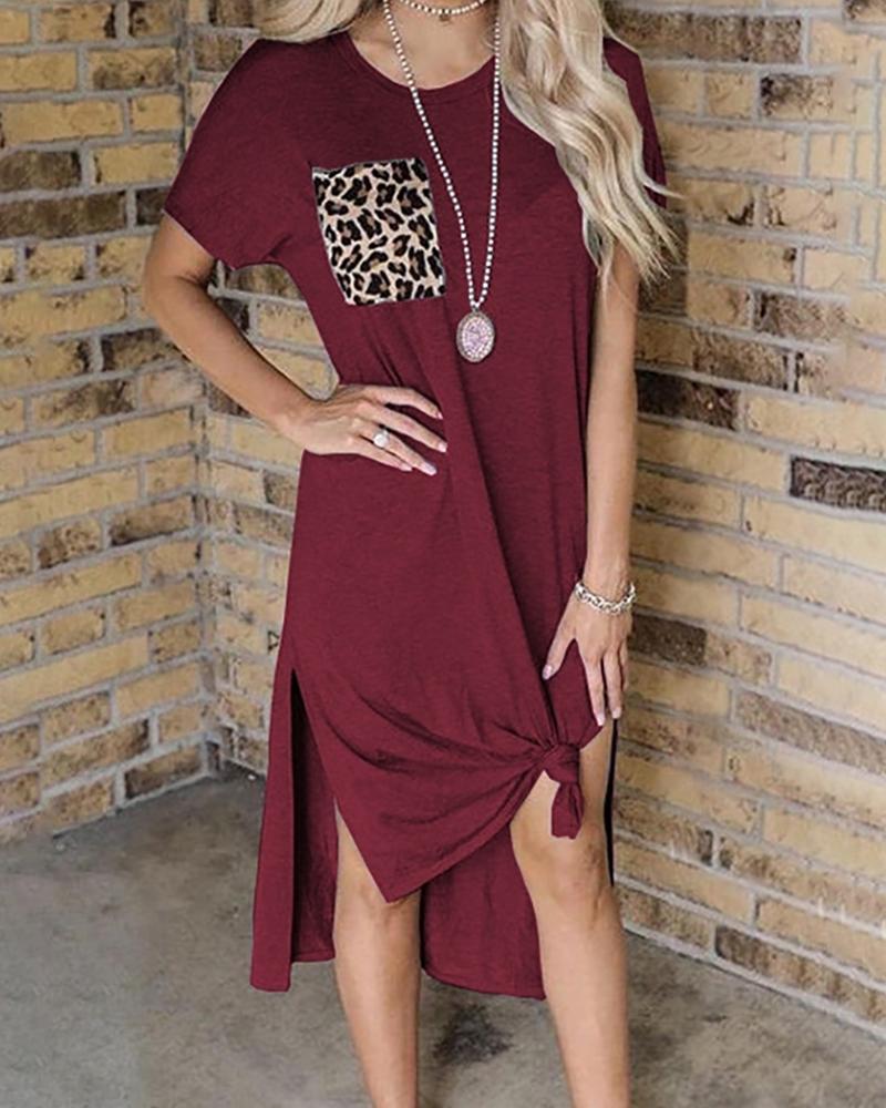 

Leopard Print Pocket Slit Casual Women Dress, Wine red