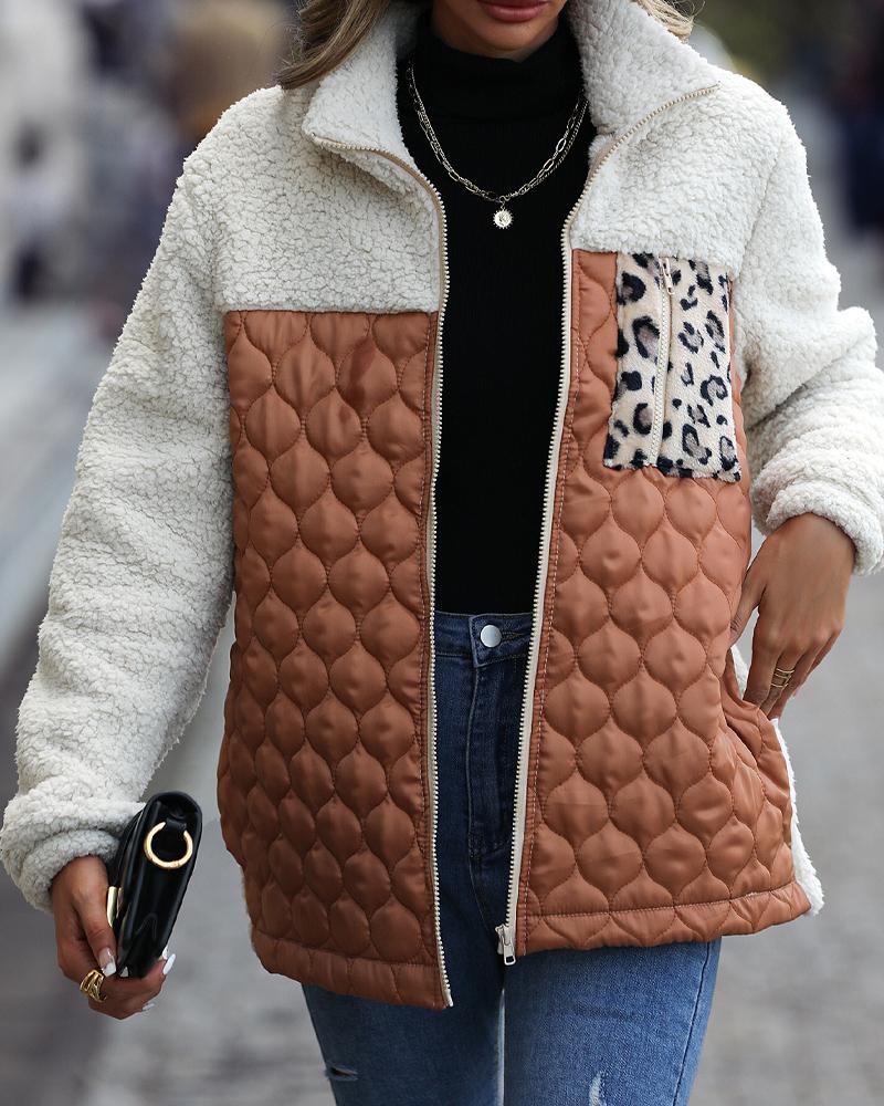 

Contrast Leopard Long Sleeve Zip Up Teddy Coat, Coffee