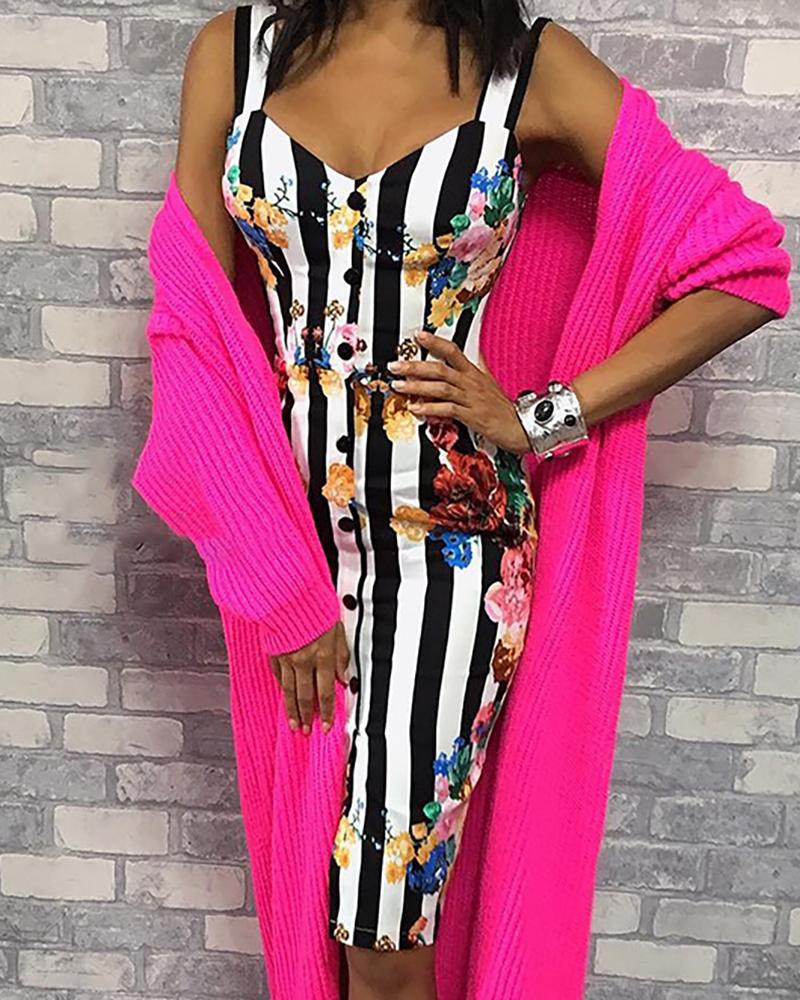 

Thin strap sleeveless tropical print bodycon, White