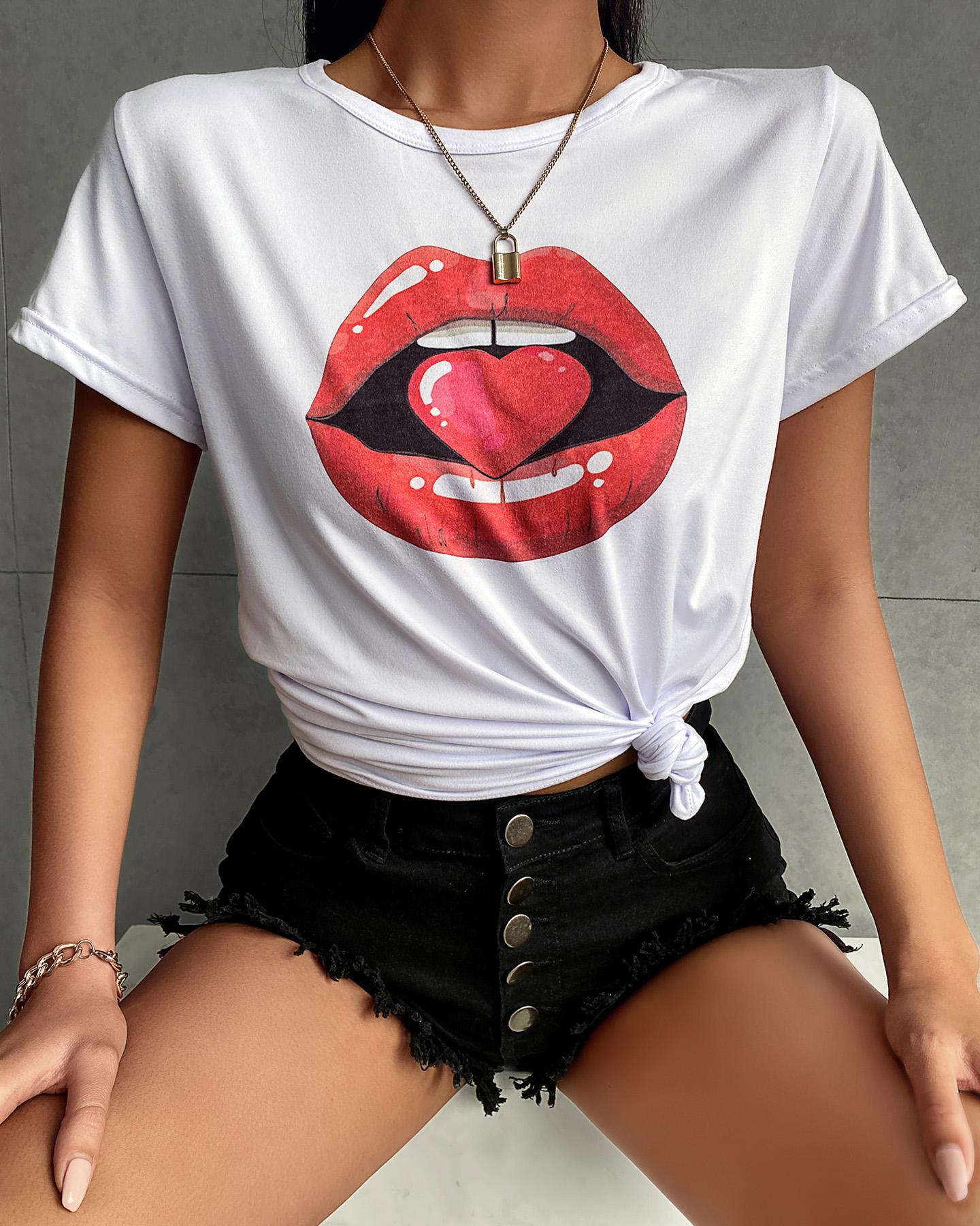 

Lip Print Short Sleeve Casual T-shirt, White