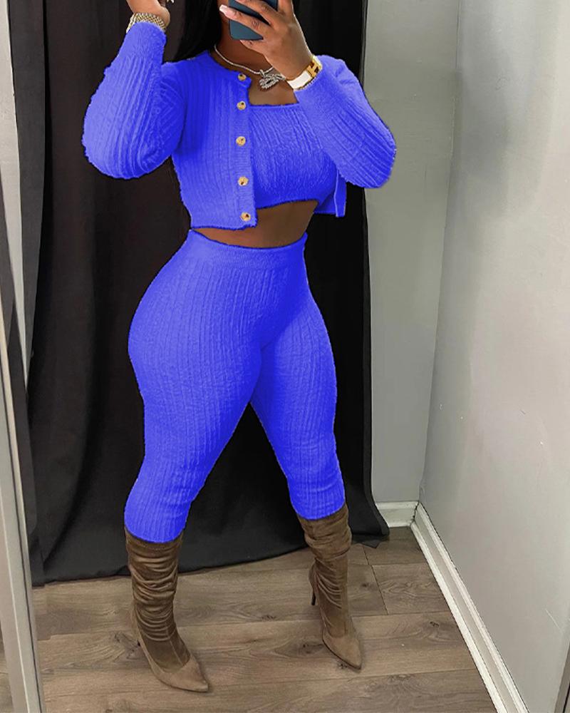 

3PCS Bandeau Crop Top & Pants Set With Cardigan, Blue