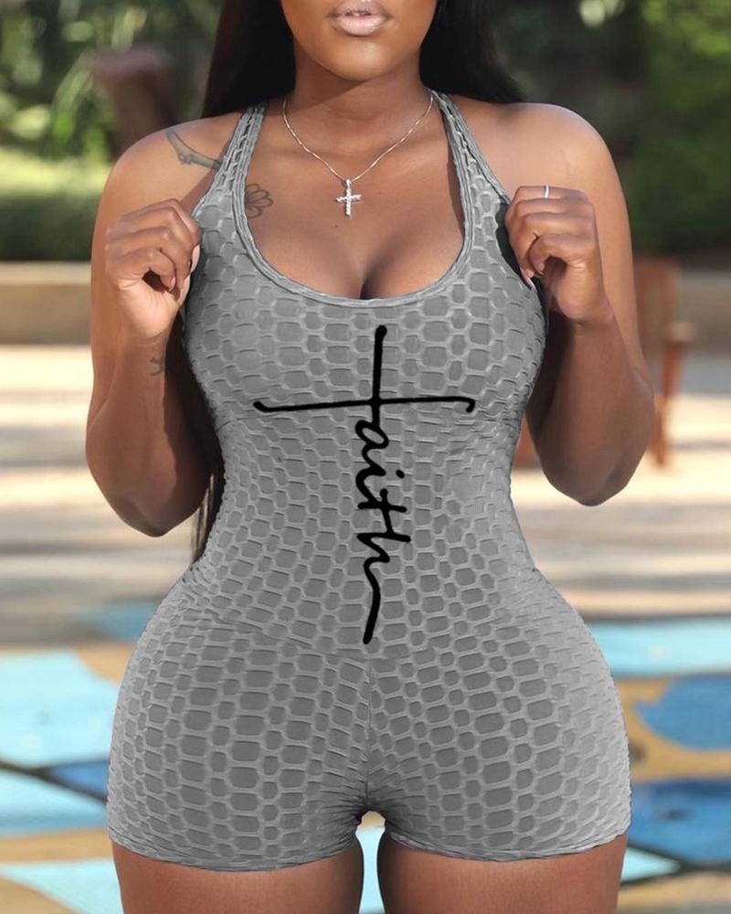 

Letter Print Textured U-Neck Active Romper, Gray