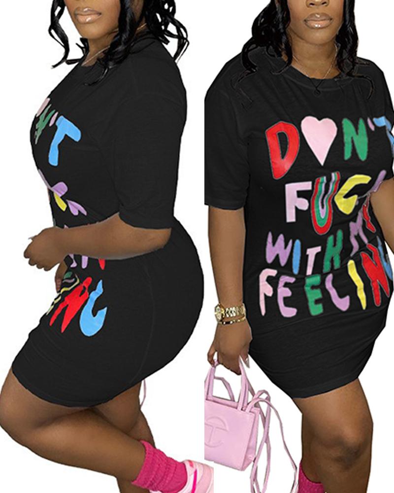 

Letter Print Casual T-shirt Dress, Black