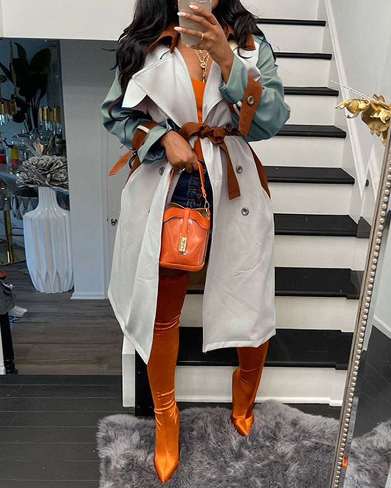 

Colorblock Double Breasted Belted Trench Coat, Style1