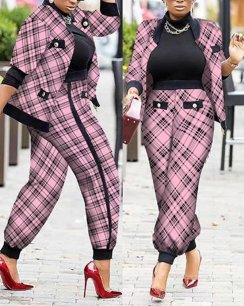 

Plus Size Plaid Print Zip Up Coat & Cuffed Pants Set, Pink