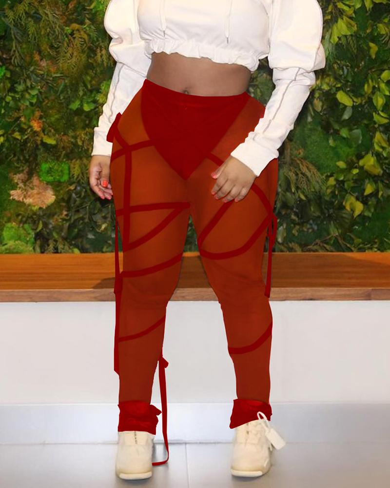 

Sheer Mesh Strappy Sporty Pants, Wine red