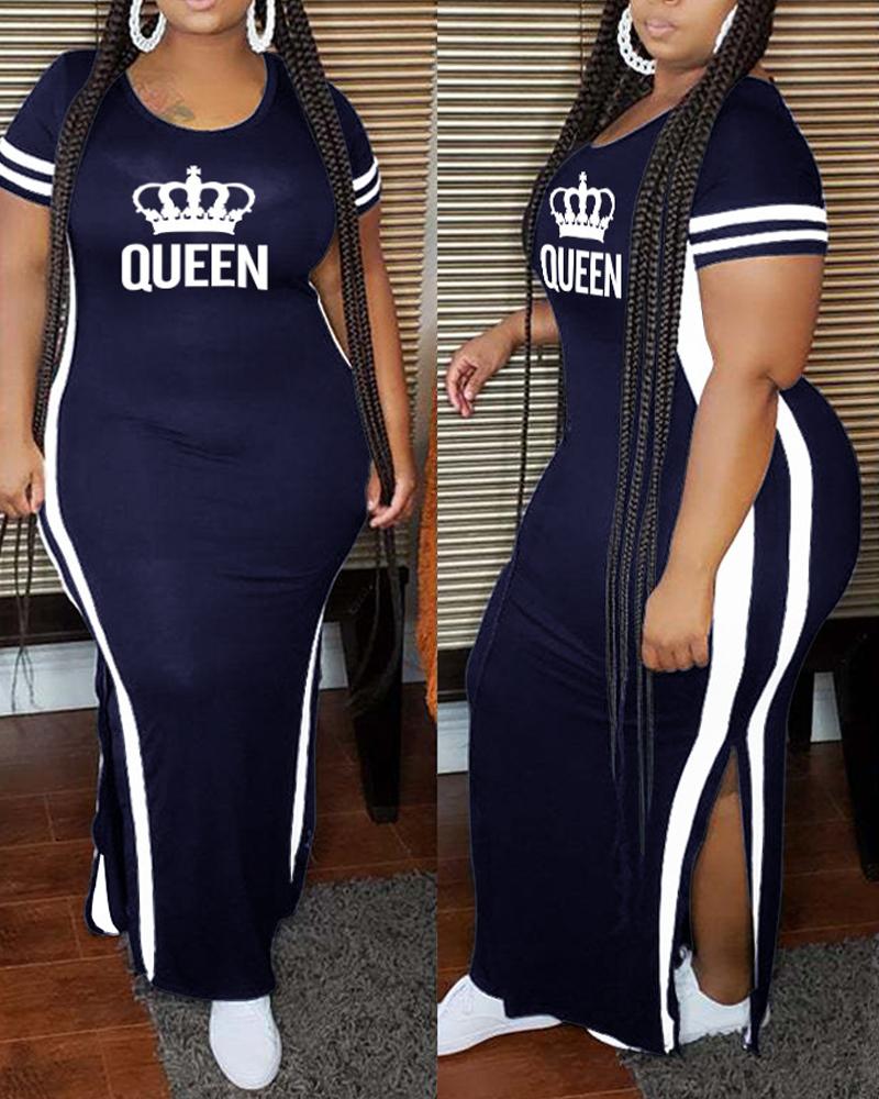 

Plus Size Letter Crown Print Split Hem Casual Dress, Purplish blue
