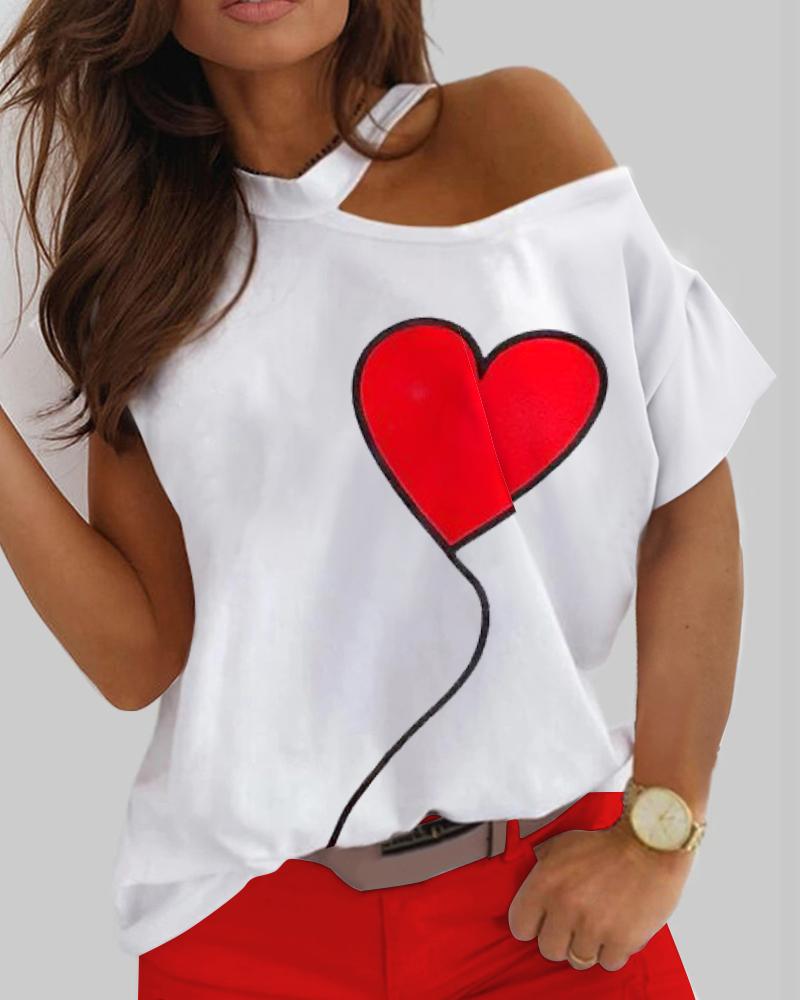 

Valentine' Day Heart Print Cold Shoulder Top, White
