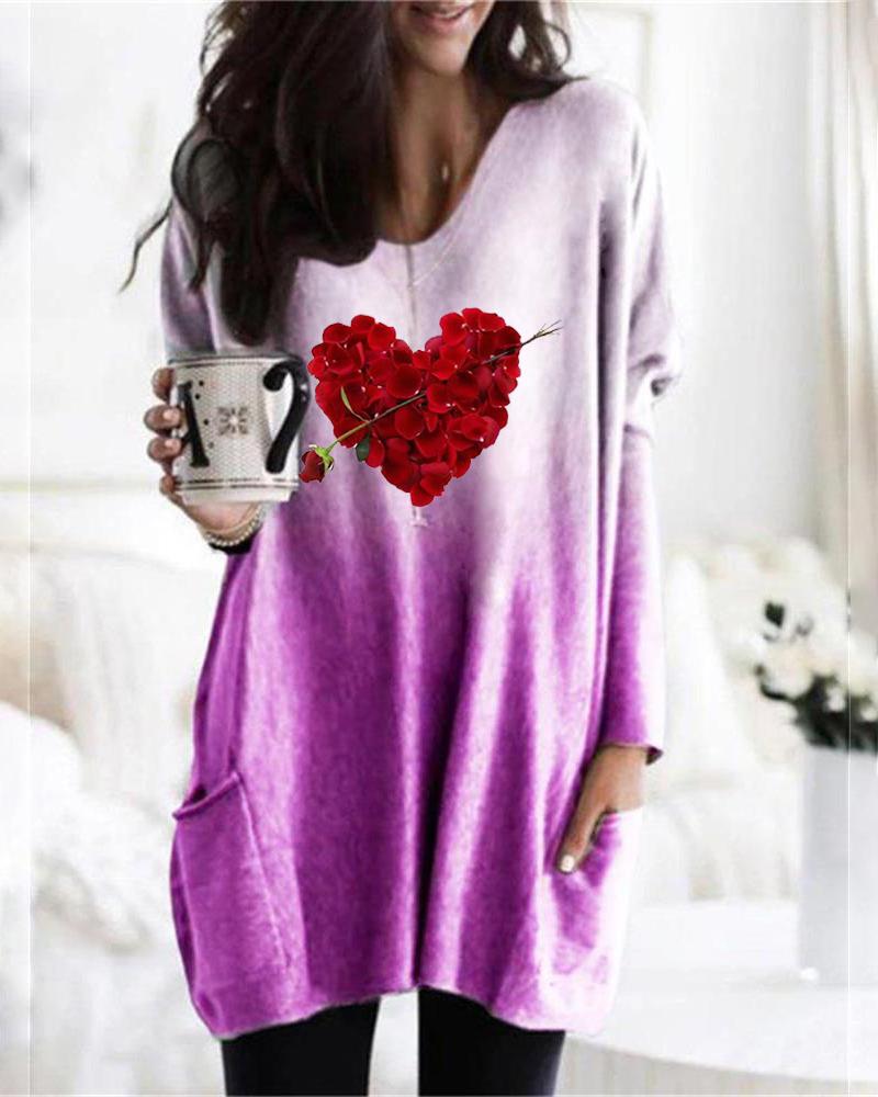 

Valentine' Day Floral Heart Print Ombre Casual Top, Purple