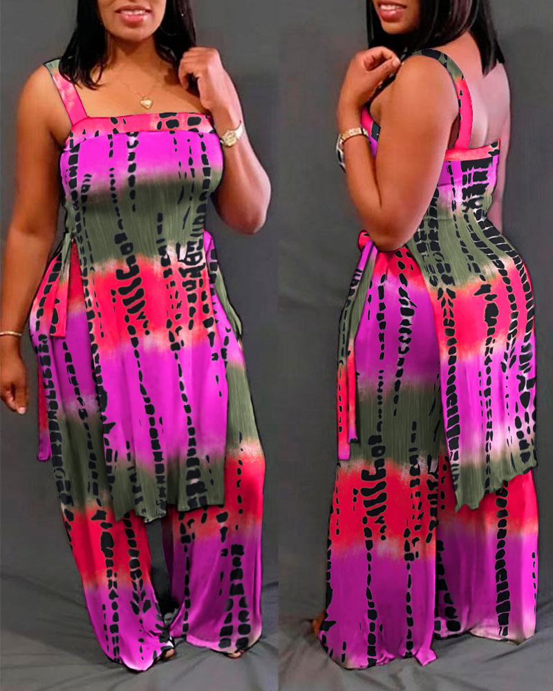

Tie Dye Print Side Tied Detail Slit Top & Wide Leg Pants Set, Multicolor