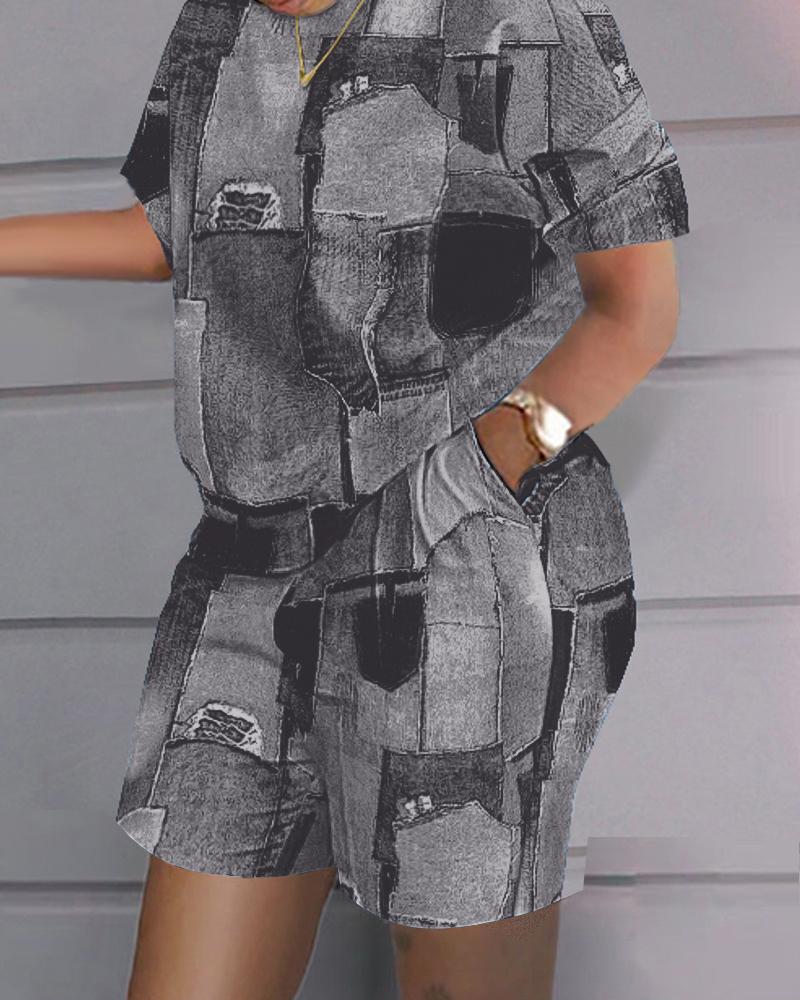 

Denim Look Print Casual Top & Shorts Set, Gray