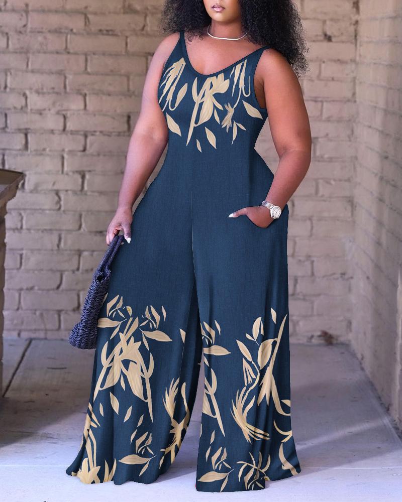 

Plus Size Plants Print Wide Leg Jumpsuit, Blue