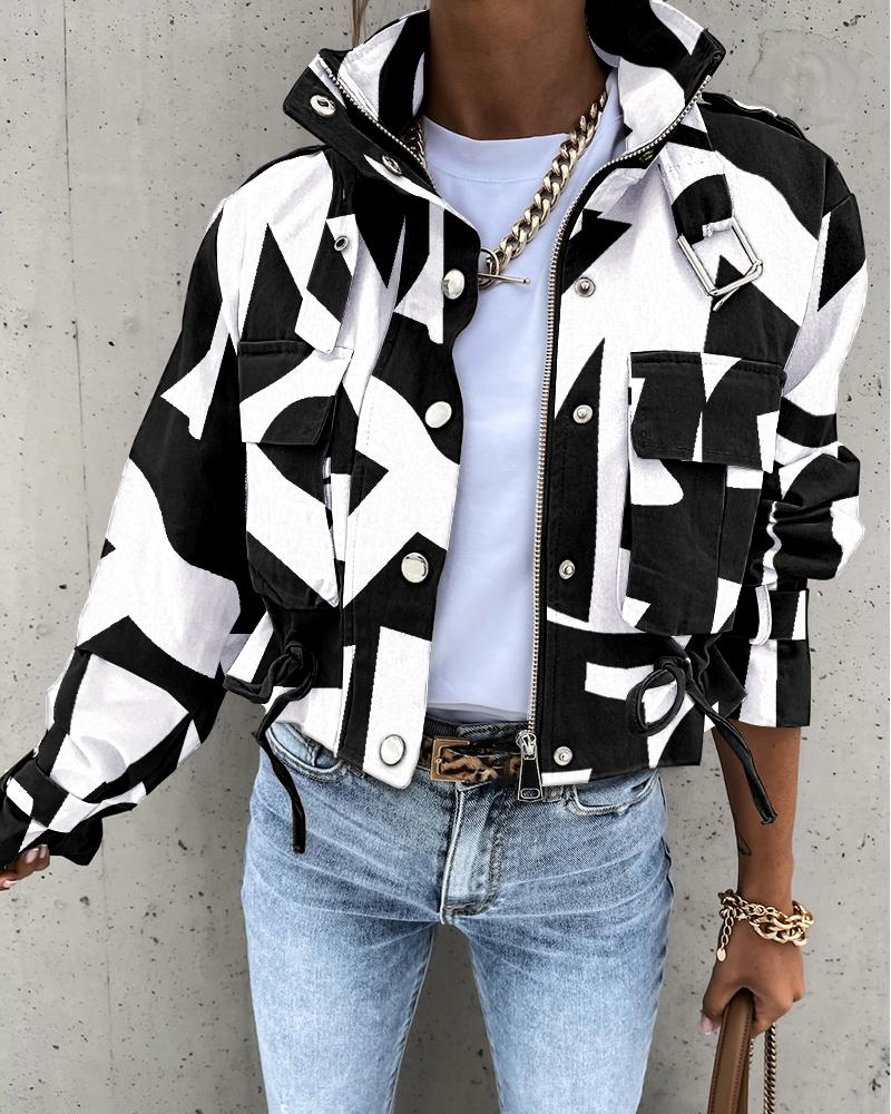 

Geometric Print Long Sleeve Zip Up Biker Jacket, Black