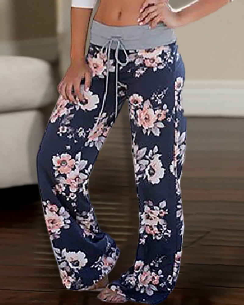 

High Waist Floral Print Casual Pants, Dark blue