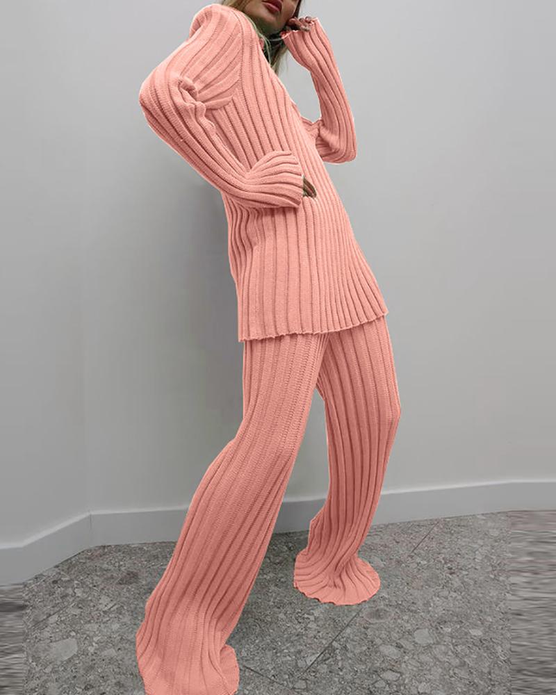 

High Neck Frill Hem Ribbed Sweater & Pants Set, Pink