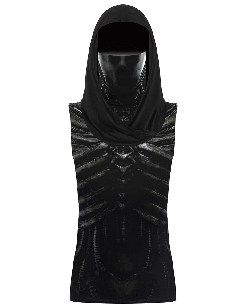 

Skeleton Print Hooded Tank Top With Ear Loop Face Bandana, Black